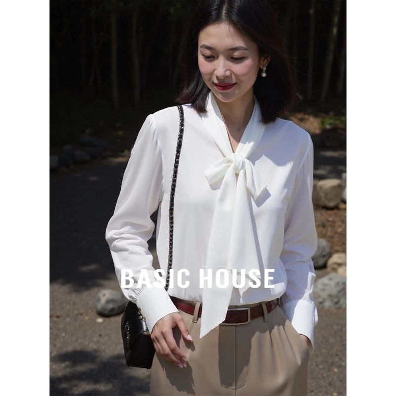 Basic House/百家好通勤面试知性白色系带长袖衬衫女2025秋季新款
