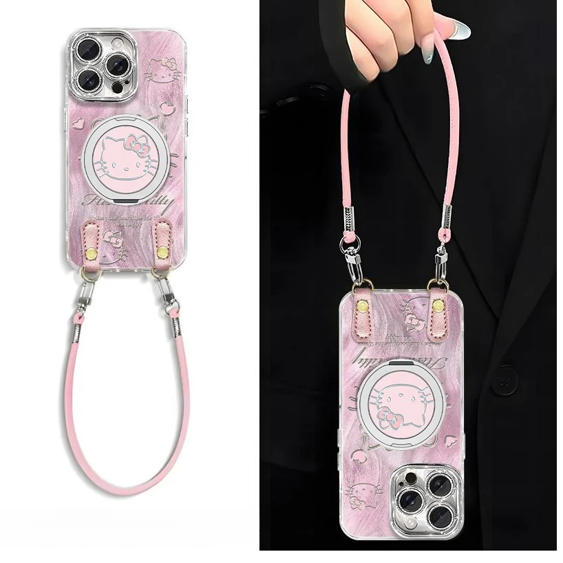 适用粉色晕染凯蒂猫镜子于苹果16pro挂绳手机壳华为oppovivo小米