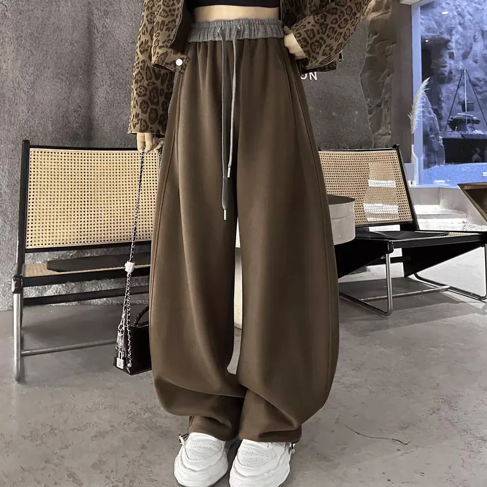 （加绒可选）百搭加绒刺绣高腰显瘦加绒弯刀阔腿裤休闲卫裤（6）