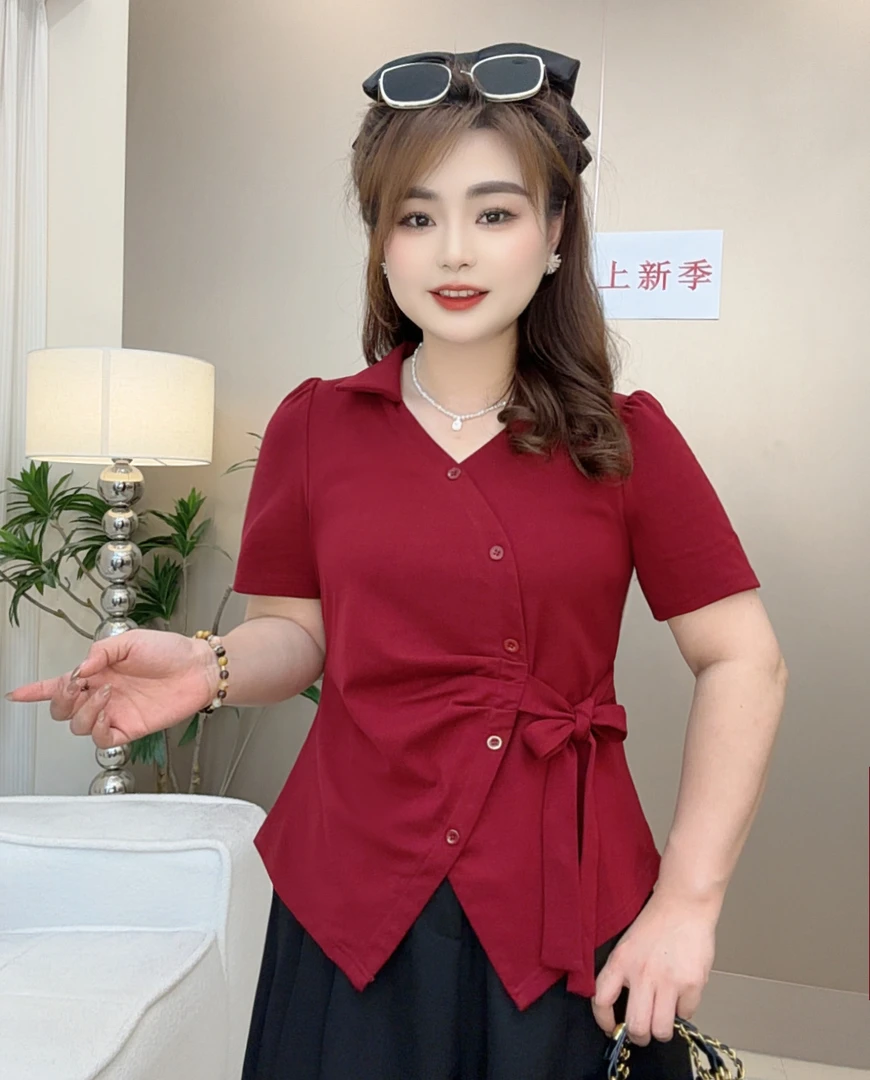 大码女装2025夏季洋气胖mm新款不规则V领百搭收腰修身显瘦短袖T恤