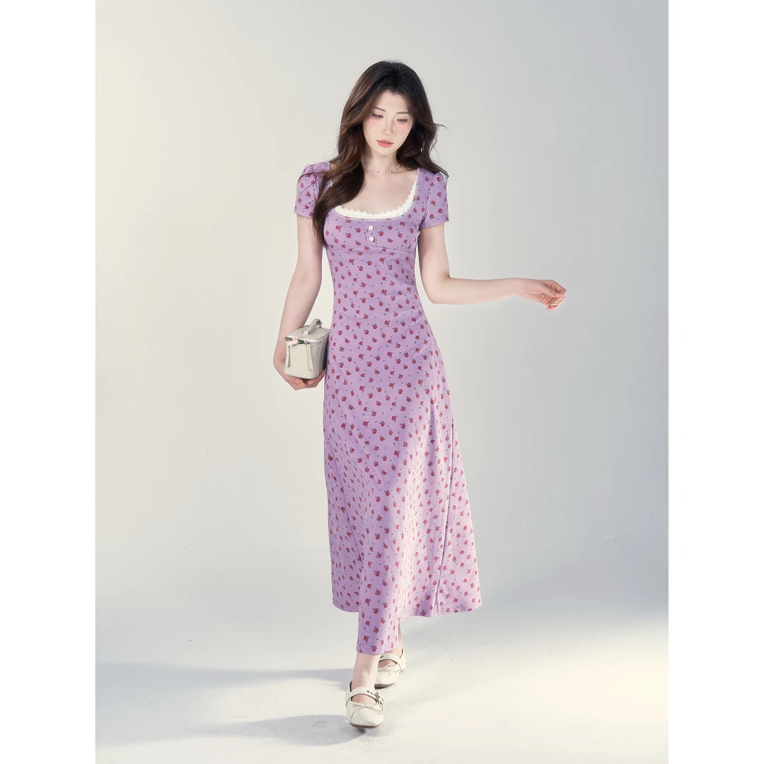 【小野莓】法式气质甜美设计感蕾丝收腰显瘦弹力短袖连衣裙BL97703