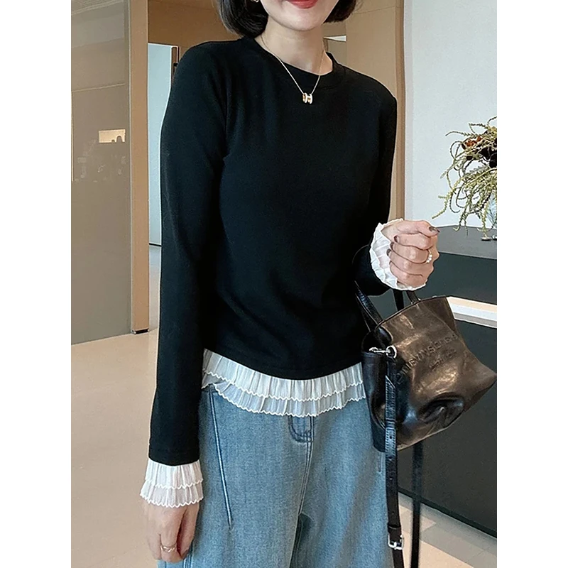 韩版蕾丝木耳边拼接长袖T恤女秋冬季新款短款圆领内搭打底衫上衣