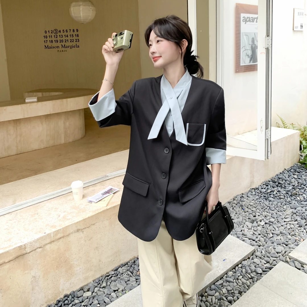 韩系设计感拼接假两件西装外套女2025春秋新款高级感气质通勤西服