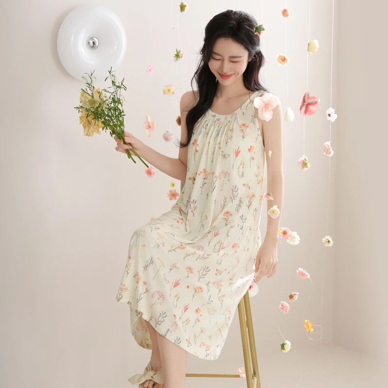 芬腾吊带连衣裙子睡衣女夏季薄款圆领套头可外穿甜美性感睡裙长裙