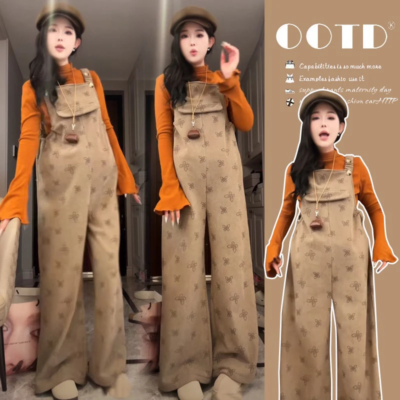 时尚孕妇秋冬新款原创背带裤洋气减龄春秋背带裤+喇叭袖两件套