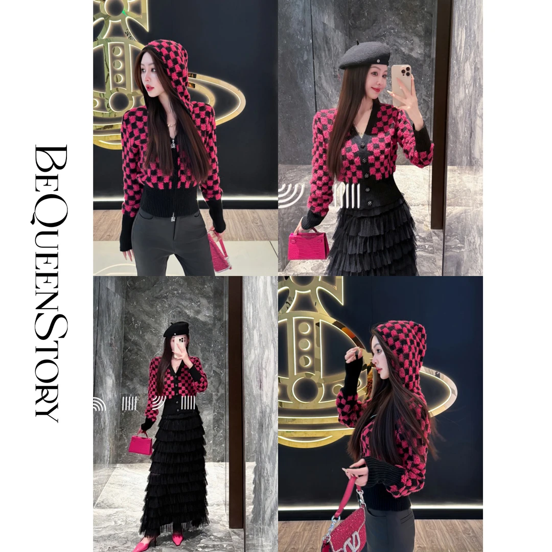 余潇潇【黑玫桃乐丝】绵羊毛羊驼毛纱线经典棋盘格连帽开衫&V领开衫