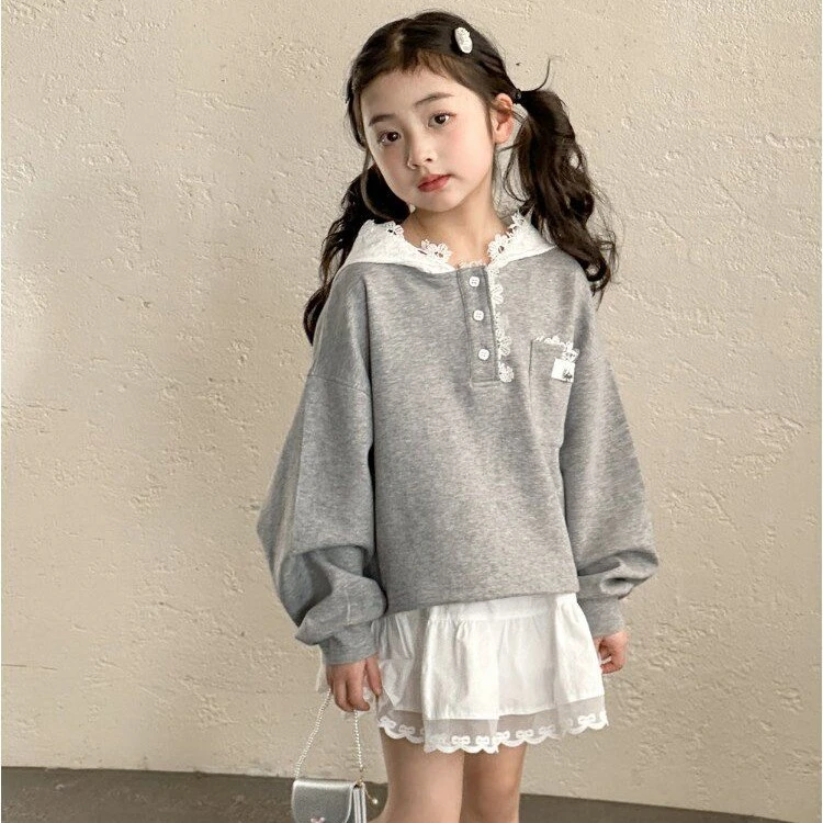 蕾丝花边女童连帽卫衣2025春装新款儿童春秋款中大童韩系洋气上衣