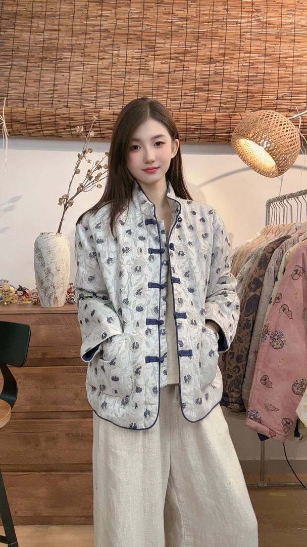 新中式亚麻提花手工盘扣长袖加厚保暖国风提花民族风棉服冬季新款