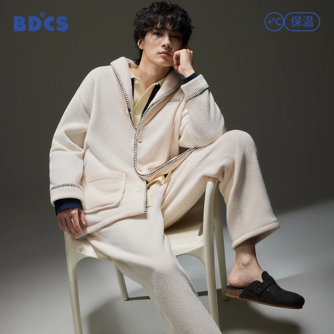 半岛城市秋冬法兰绒加厚加绒睡衣套装休闲宽松极简家居服男女同款