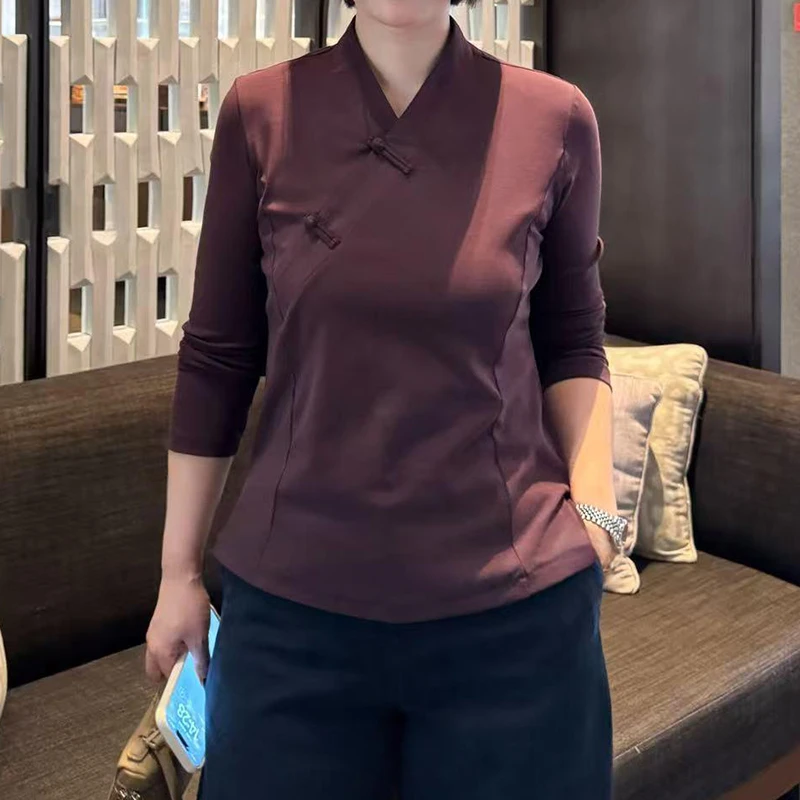 国风盘扣Y字领长袖T恤女2025秋季新款休闲简约通勤百搭时尚上衣