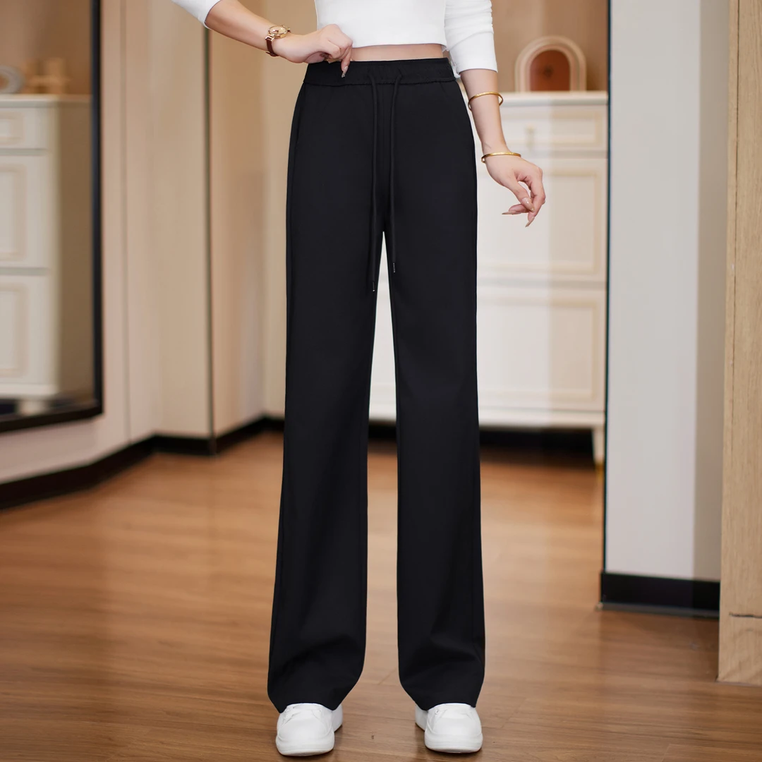 松紧高腰抽绳休闲阔腿裤女2025秋季潮流新款运动裤垂感宽松直筒裤
