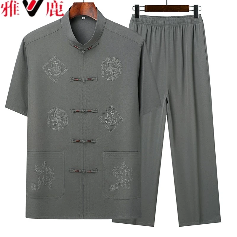 雅鹿爸爸刺绣纯色短袖夏季立领唐装男中式套装休闲半袖中国风宽松