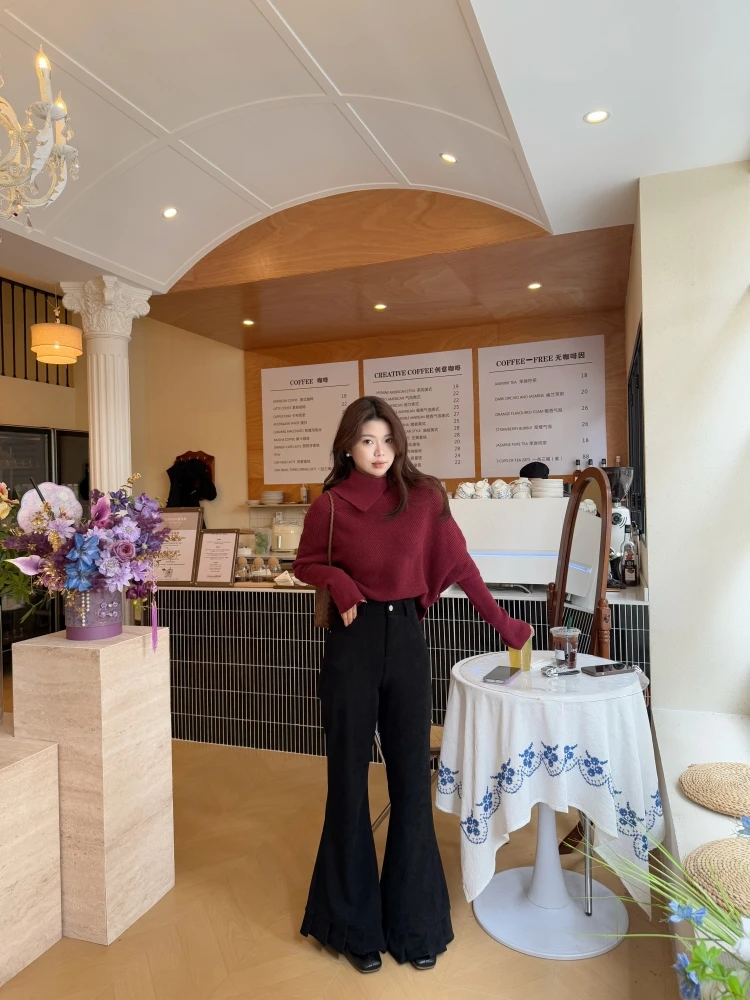 【长腿收割机】韩系坑条纹黑色喇叭休闲裤女秋冬高腰修身显瘦阔腿裤