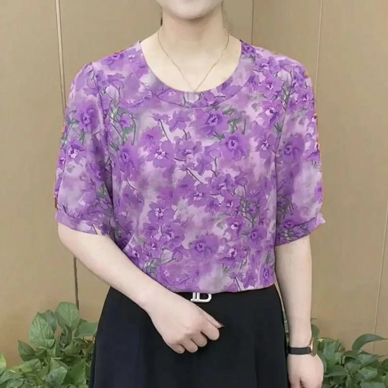 217紫色夏新款女时尚洋气圆领气质T恤小衫减龄百搭短袖上衣妈妈装