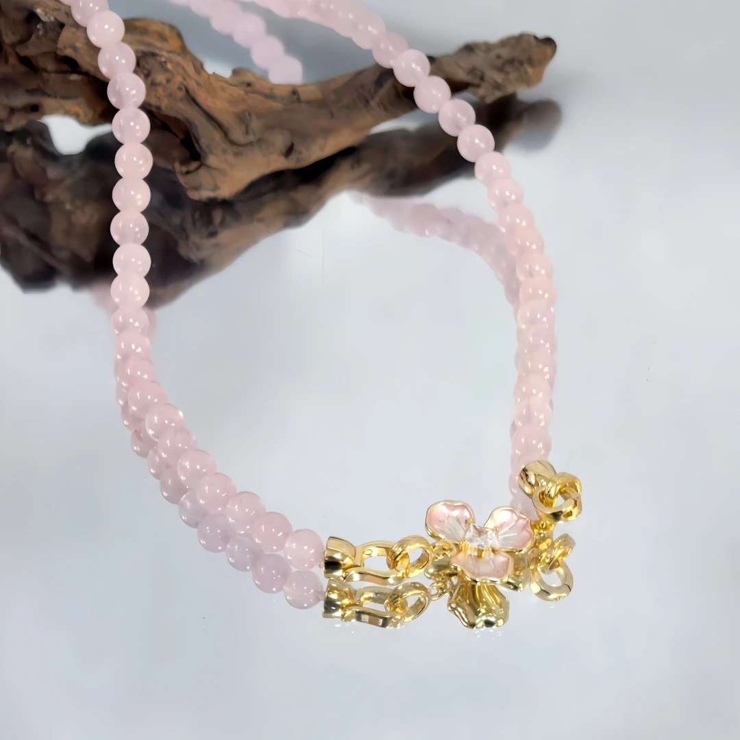 【粉樱】天然原矿粉水晶项链女百搭项链套装