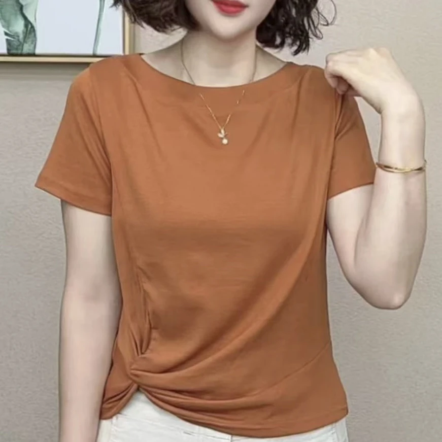 2025夏季新品时尚洋气百搭气质遮肉显瘦减龄圆领短袖T恤衫