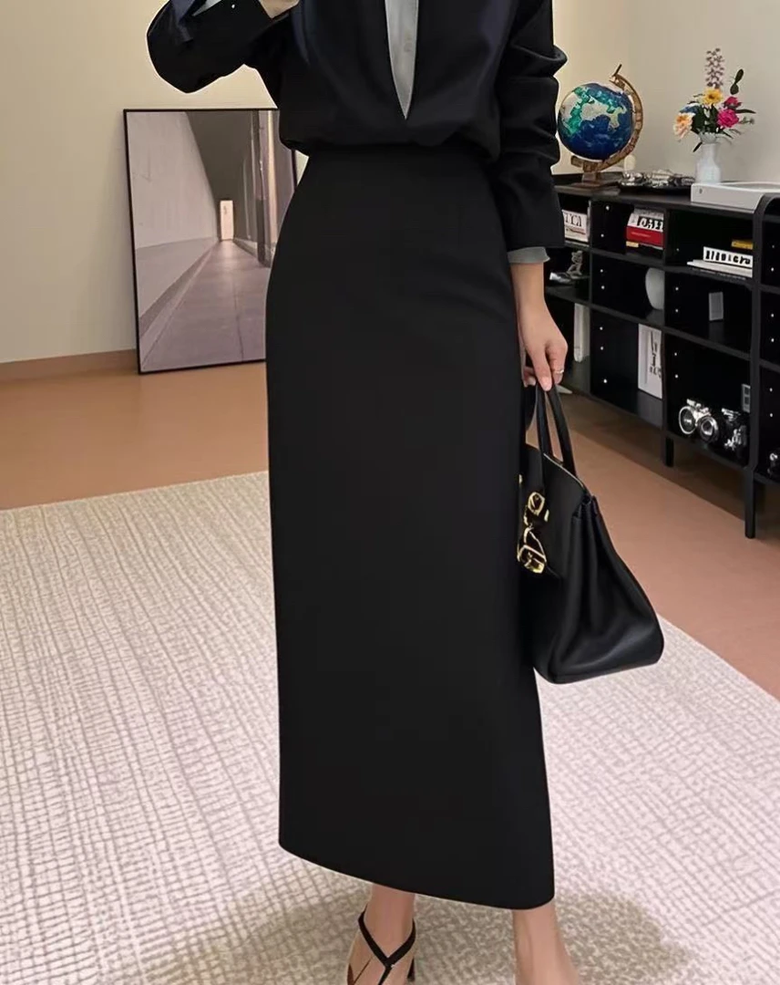 薄款高腰半身裙高腰美丽斜纹半裙显瘦春夏开叉一步裙A字