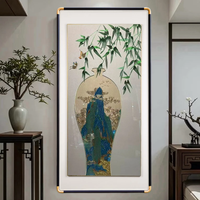 新中式苏州刺绣平安富贵织锦绣高端双框客厅玄关走廊装饰画