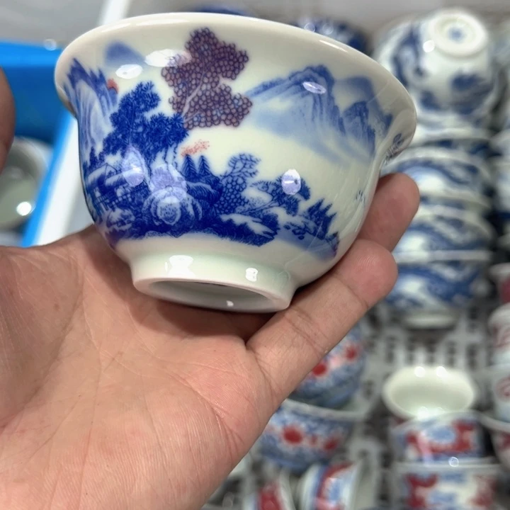 瓷片白青花富春山居图压手杯全品