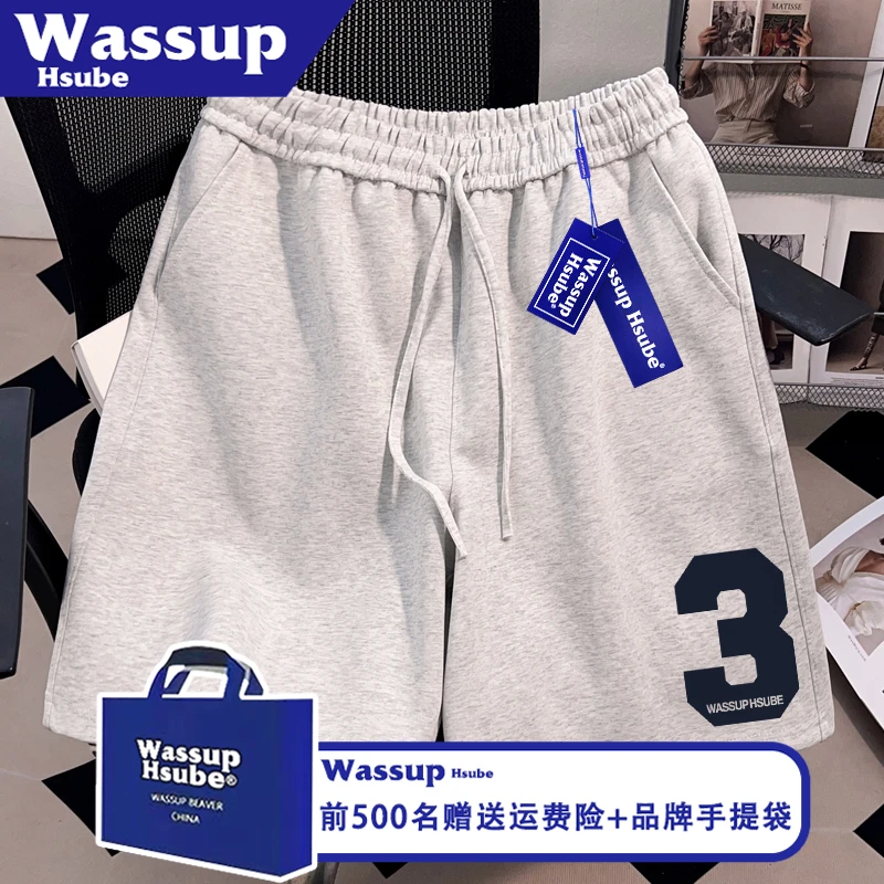 WASSUP HSUBE夏抽绳基础白灰男女款五分裤国潮牌数字印花运动短裤