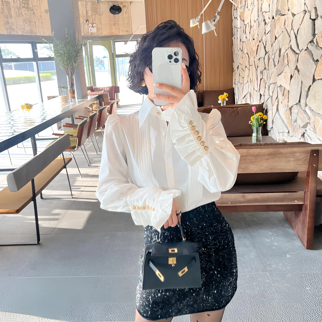 【蔷薇】春季新款法式简约通勤气质小众设计感叠穿百搭时尚长袖衬衫