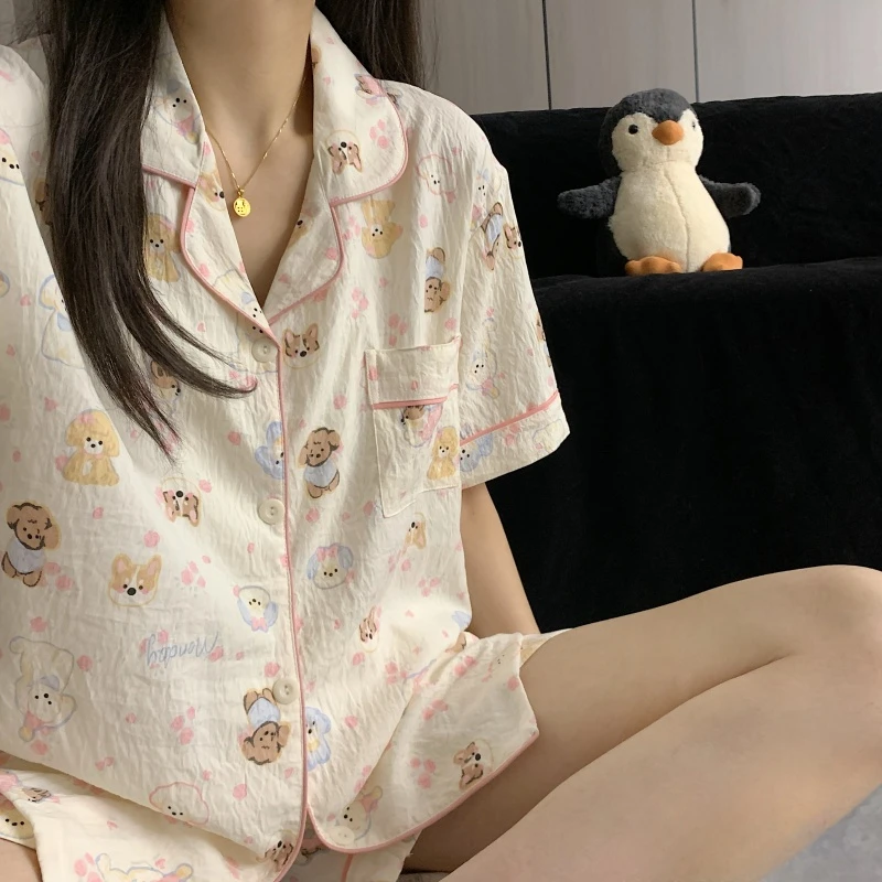 新款夏季睡衣女短袖短裤云朵棉三件套卡通可爱家居服大码可外穿