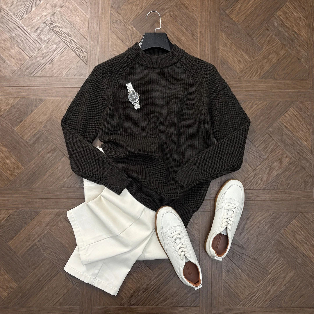 LANSIM·【100％纯羊毛】冬季男士保暖插肩袖圆领套头休闲针织毛衣