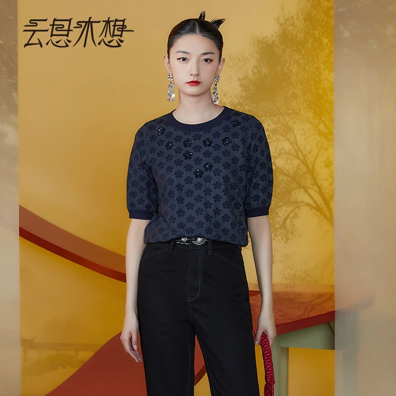 Ysimo-X云思木想新中式2024夏季新款珠片绣花圆领毛针织衫11588