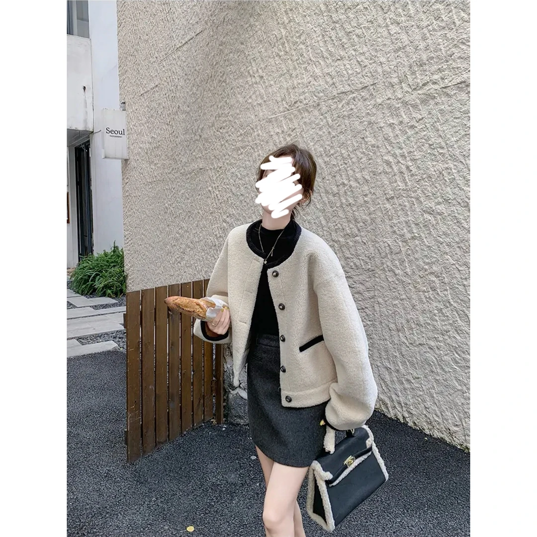 法式小香外套大码女装显瘦保暖外套羔羔毛常规短圆领气质时尚韩系