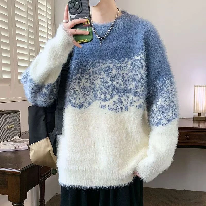 仿水貂绒毛衣男秋冬款圆领软糯毛线衣服保暖冬装青少年学生针织衫