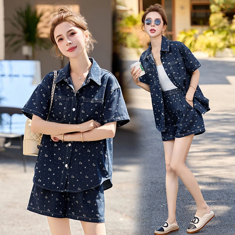 韩版慵懒时尚小花衬衫短裤两件套女2025春夏季新款牛仔套装