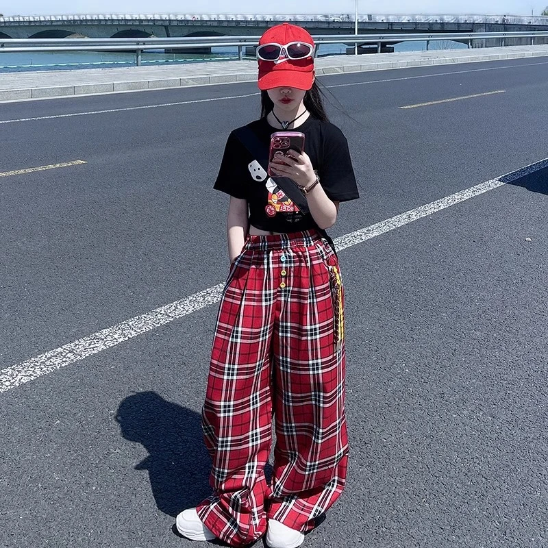 2025女童夏季新款韩版时尚休闲中大童儿童印花短袖格子裤两件套潮