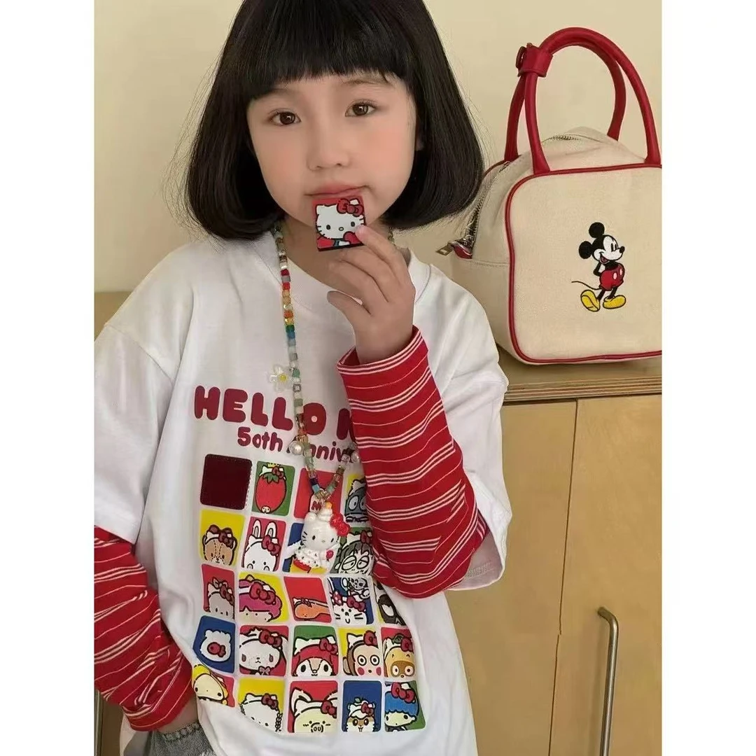 N0270长袖春秋新款女大童假两件上衣儿童装洋气春装潮酷