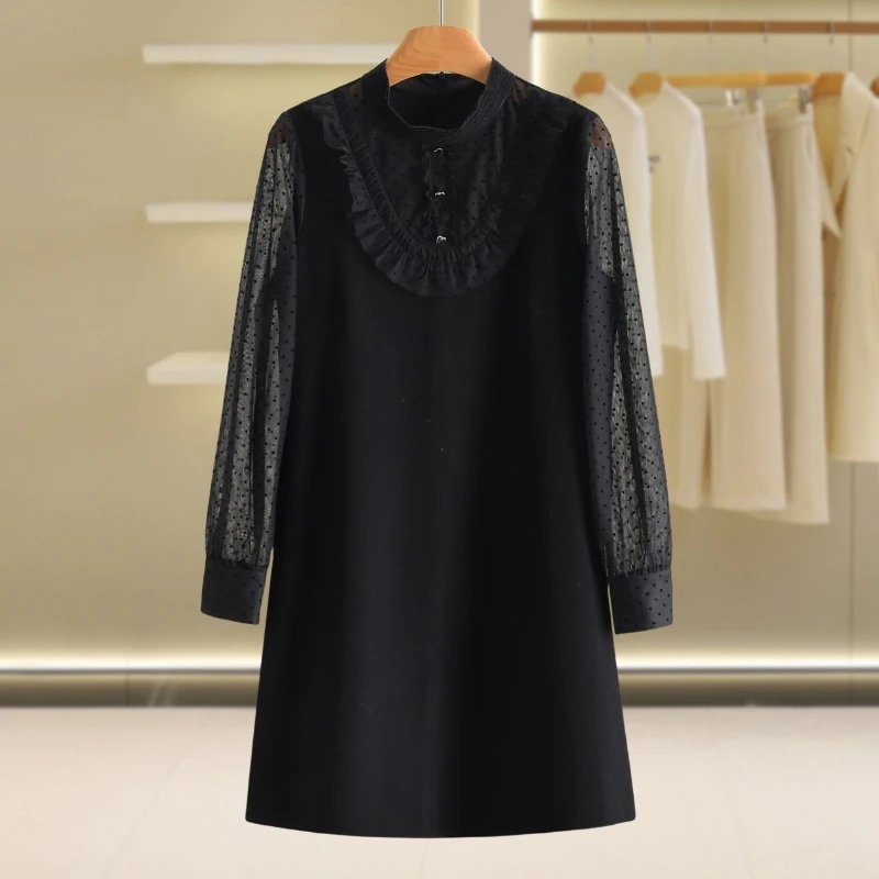 【伍莎-自营】装饰扣立领显瘦拼接蕾丝连衣裙#PHD48L008