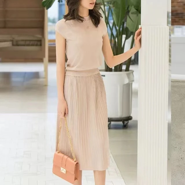 2025年小香风针织半身裙套装女夏季轻熟风上衣时尚百褶裙两件套