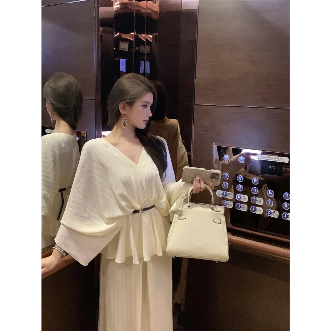 小个子高级感V领衬衫上衣搭配垂感阔腿裤夏季气质套装女