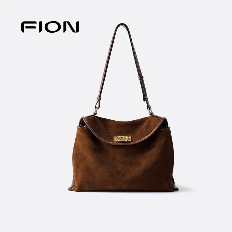 Fion/菲安妮双锁植鞣皮麂皮绒简约复古软托特斜挎包FAAFVNH002