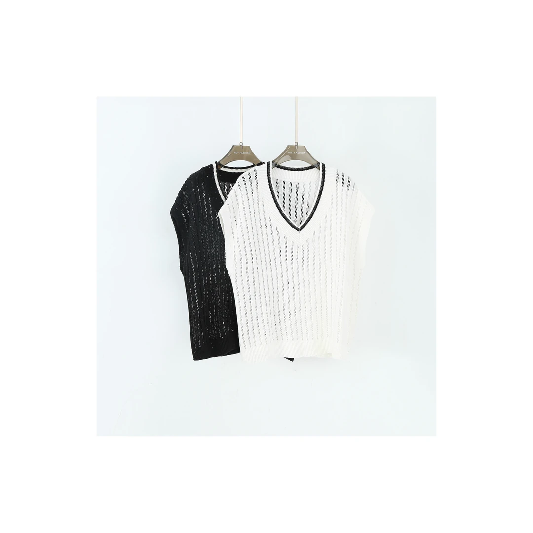 【段公子】亚麻桑蚕丝镂空女春夏短袖拼色毛针织衫6909