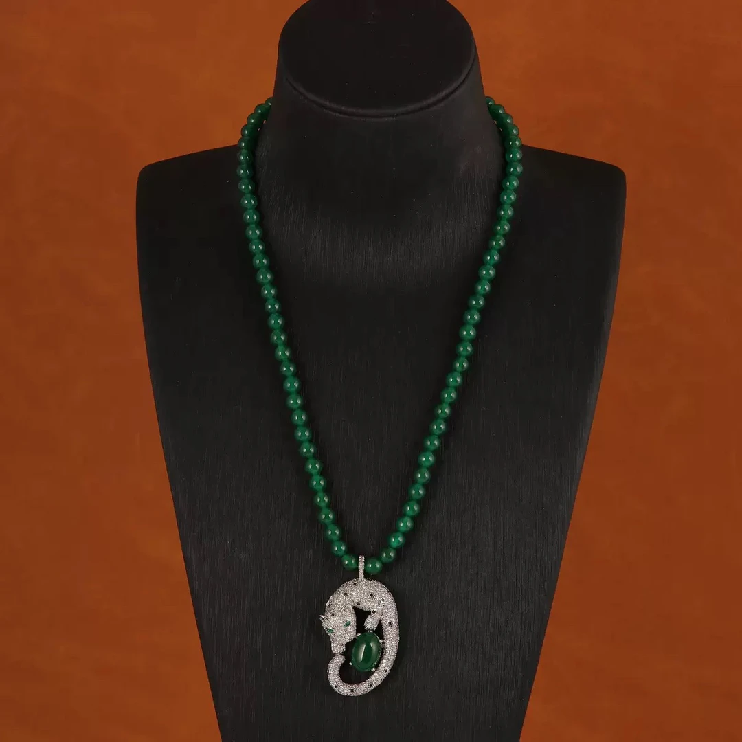 铜合金项链 中古vintage新中式国风国潮绿珠串珠银色豹子项链