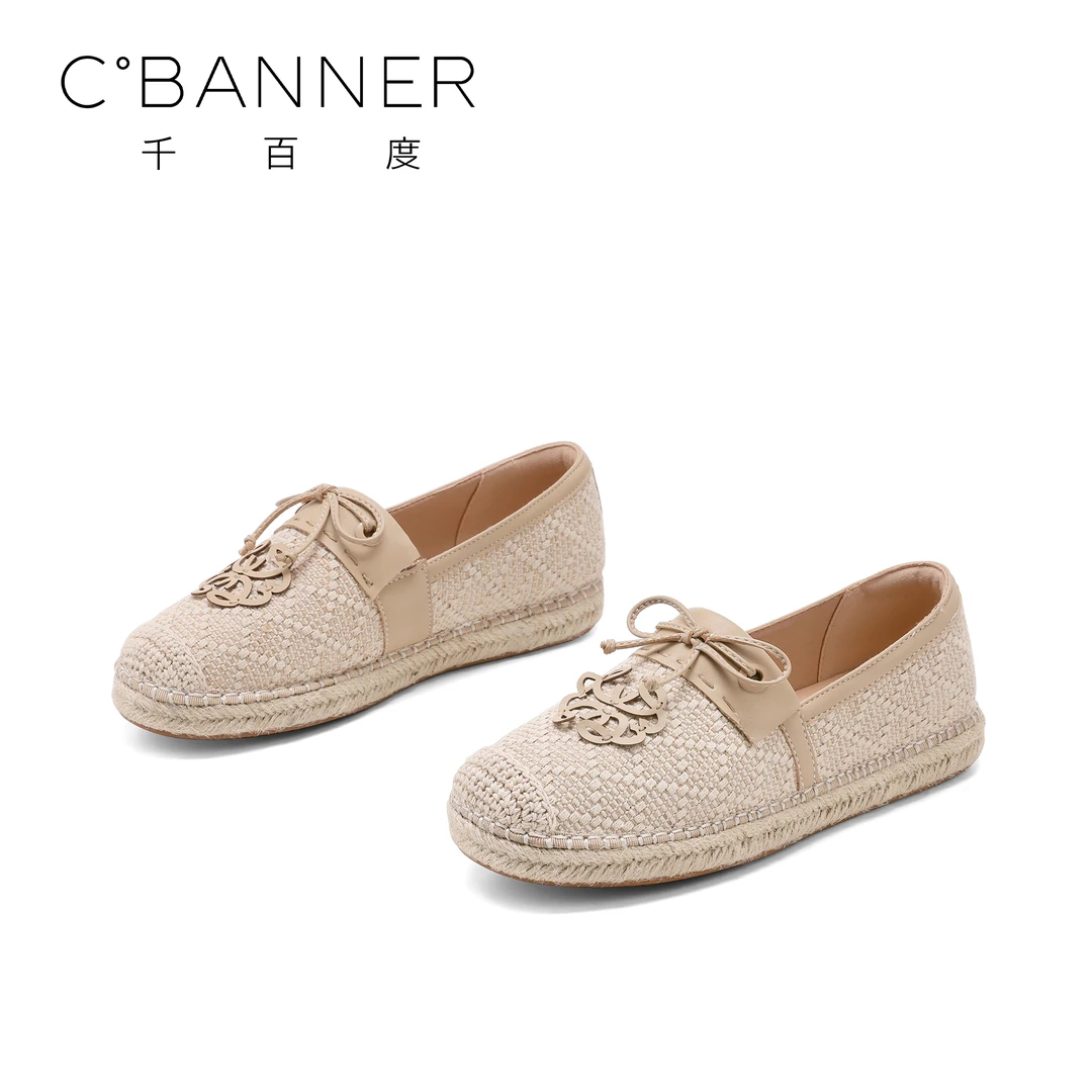 C.BANNER/千百度渔夫鞋女新款小香风草编一脚蹬平底舒适替换单鞋