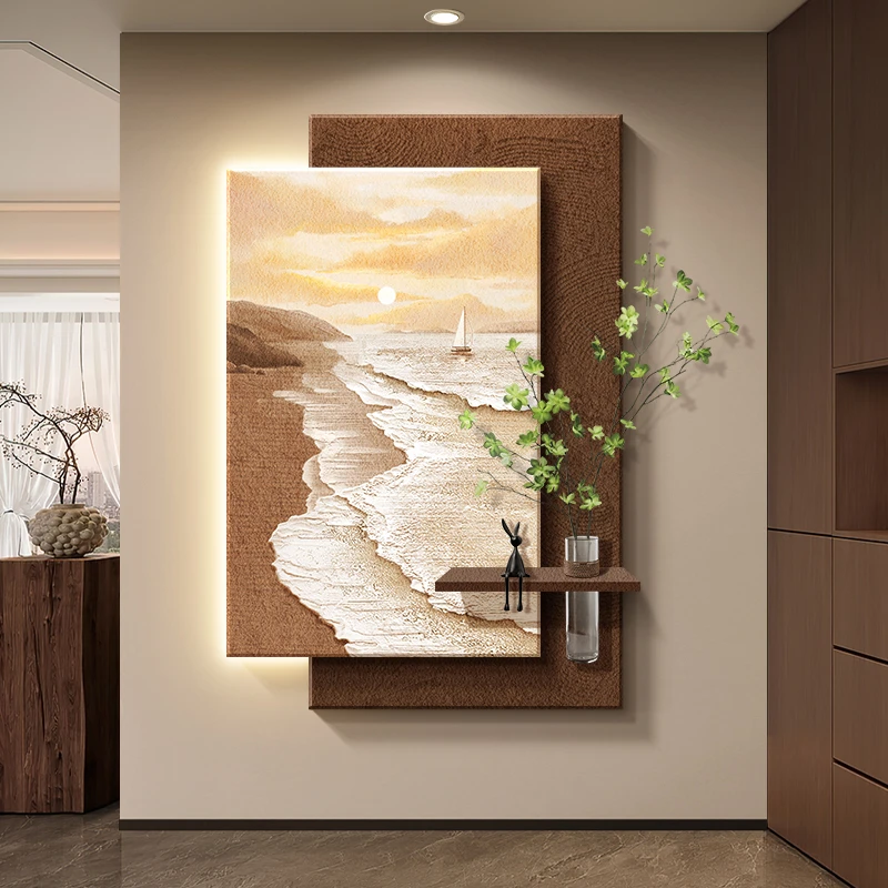 原木奶油风入户玄关装饰画画正对门水培绿植走廊挂画画造景高级感