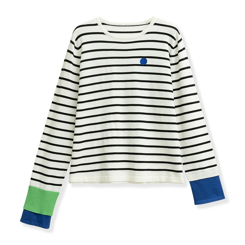 轻奢时尚撞色条纹长袖T恤宽松百搭0665-351-6948