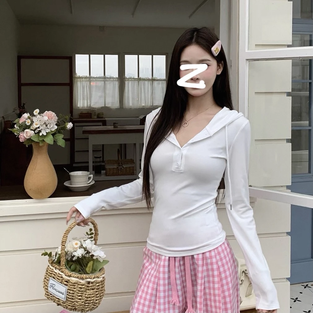 春秋新款简约美式辣妹半开扣上衣修身显身材收腰内搭长袖连帽卫衣