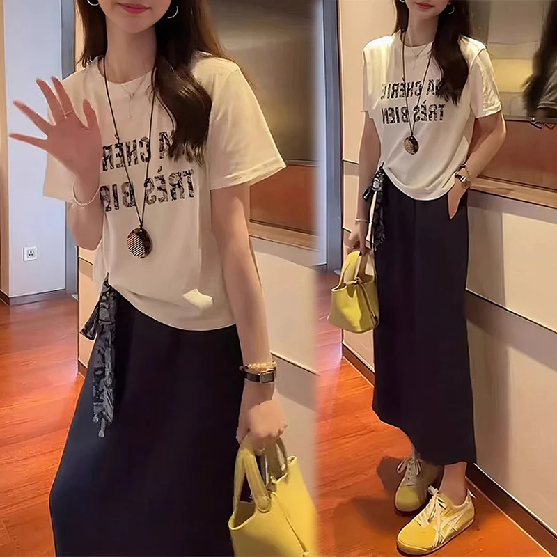 字母印花T恤半身裙两件套2025夏季新款恬静女生韩系ins衣服一整套