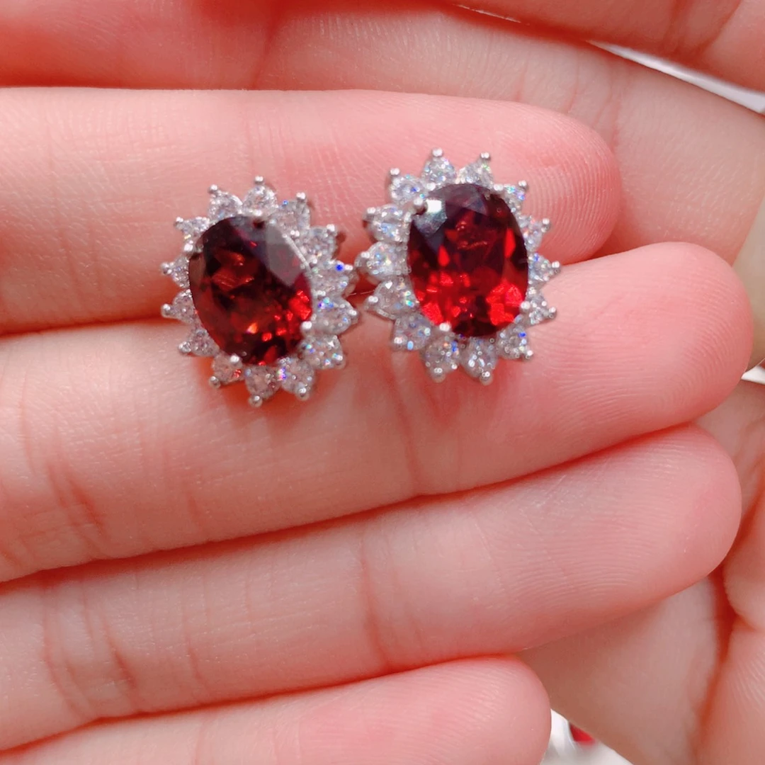 石榴石耳钉银S925镶嵌