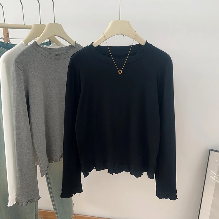 通勤百搭显瘦内搭木耳花边极简轻熟显气质长袖质感亲肤软糯上衣