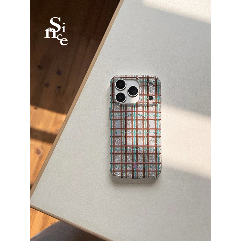 since原创闪粉格纹imd磁吸壳复古撞色适用iPhone17pro全包手机壳