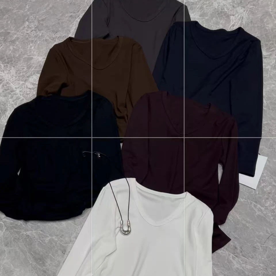 新款U型领棉T恤修身不紧身纯色长袖百搭款80631