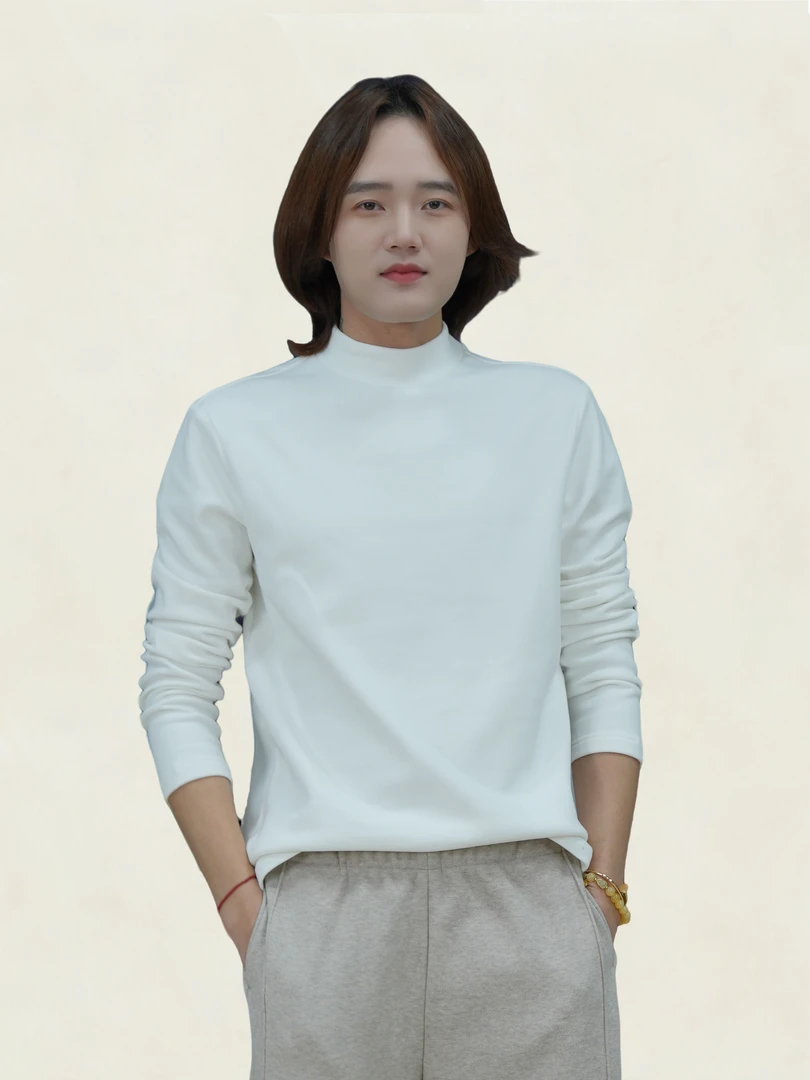 【升级款】白色加绒圆领澳绒成品打底衫面料