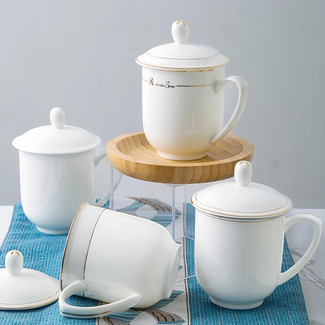 唐山骨瓷茶杯6只套装办公室接待水杯带盖骨瓷会议杯子定制LOGO